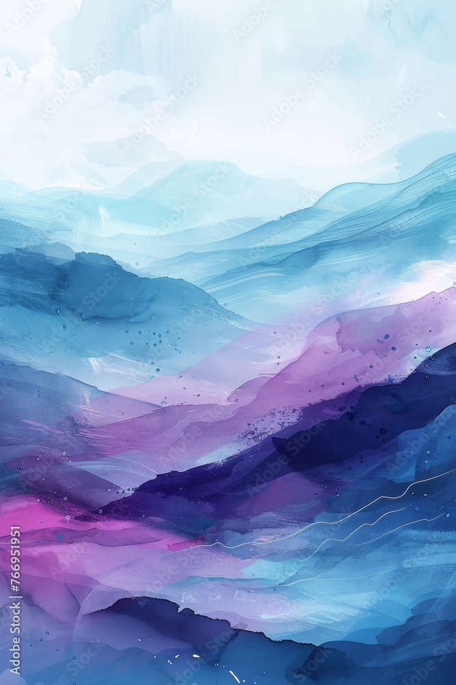 A detailed painting of a mountain range in shades of blue and purple, capturing the grandeur and majesty of the peaks