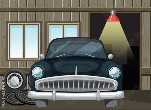 Classic car under maintenance in a rustic garage