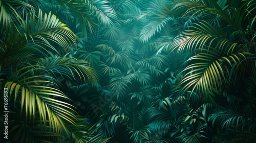 A detailed painting depicting a jungle scene with an abundance of vibrant green leaves covering the landscape