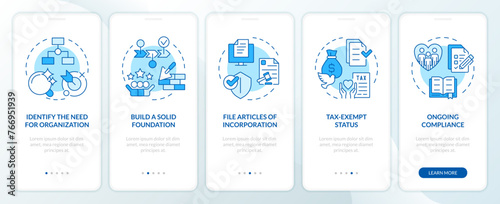 Steps to start NPOs blue onboarding mobile app screen. Work of NGO walkthrough 5 steps editable graphic instructions with linear concepts. UI, UX, GUI template. Myriad Pro-Bold, Regular fonts used photo
