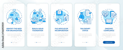 Steps to start NPOs blue onboarding mobile app screen. Work of NGO walkthrough 5 steps editable graphic instructions with linear concepts. UI, UX, GUI template. Myriad Pro-Bold, Regular fonts used