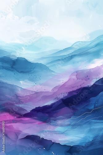 A detailed painting of a mountain range in shades of blue and purple, capturing the grandeur and majesty of the peaks