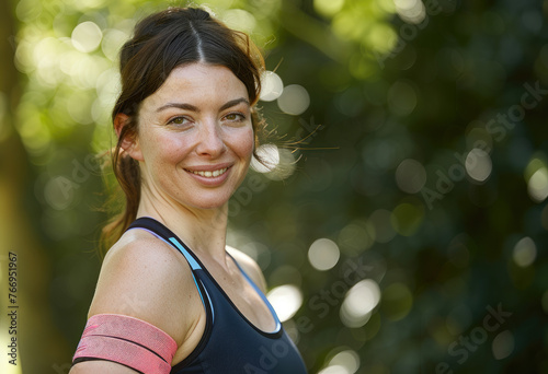40 year old woman doing chest press with pink and black tension band in the park, wearing tight dark blue adidas tank top photo