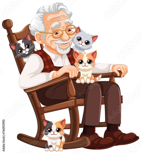 Elderly man smiling with four cute kittens