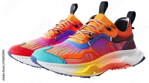 A pair of stylish men's sneakers, their sleek design and vibrant colors popping against a white transparent background