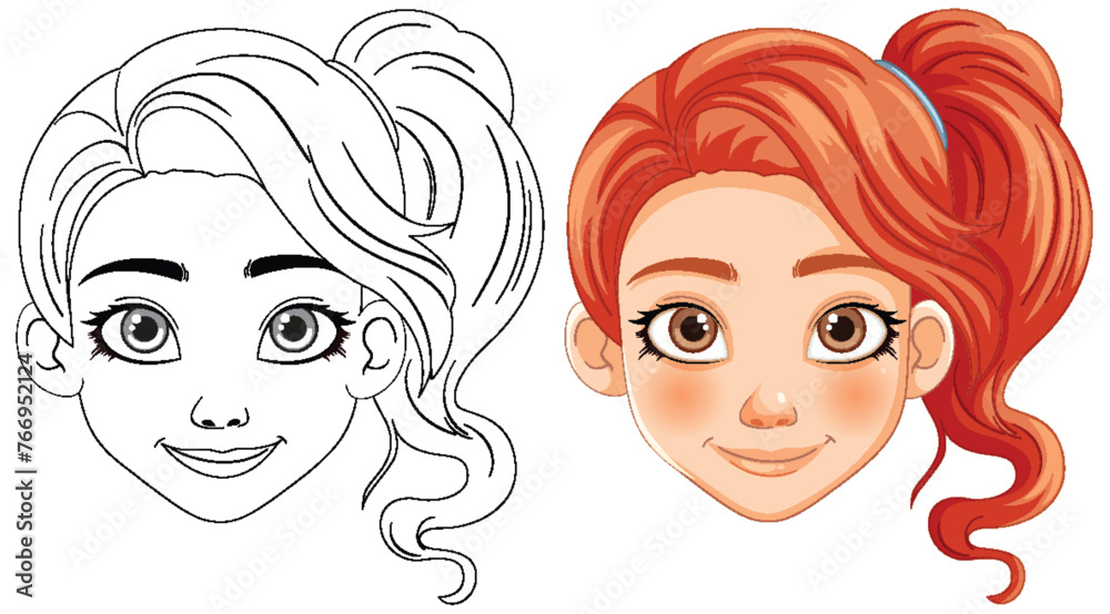 Vector illustration of a girl, black and white to color