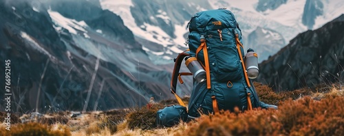 Backpacks and other equipment for camping lying in the background of a snowy mountain view