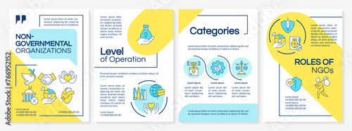 Non governmental organizations blue, yellow brochure template. Leaflet design with linear icons. Editable 4 vector layouts for presentation, annual reports. Arial-Black, Myriad Pro-Regular fonts used photo