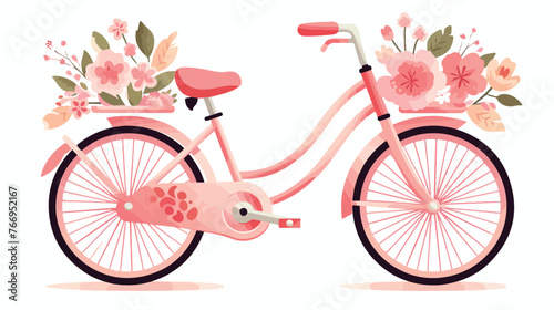 Pink floral lovely bike Flat vector isolated on white