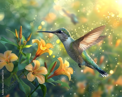 Hummingbird Hovering Near Blooming Tropical Flowers in Vibrant Garden Scene