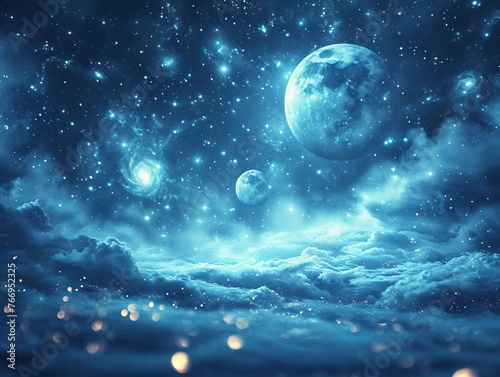 A fantastical seascape merges with a starry cosmos and celestial bodies
