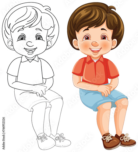Illustration of a cheerful boy sitting, with line art.