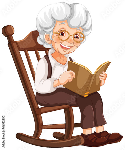 Elderly woman smiling while reading in a rocking chair