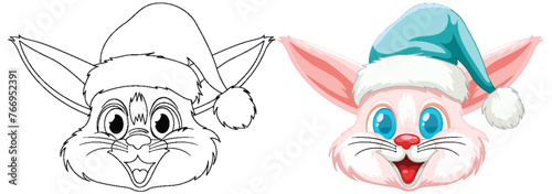 Vector illustration of a bunny with a Christmas hat.