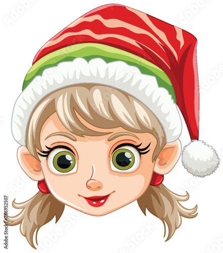 Cartoon elf girl with a cheerful Christmas hat.