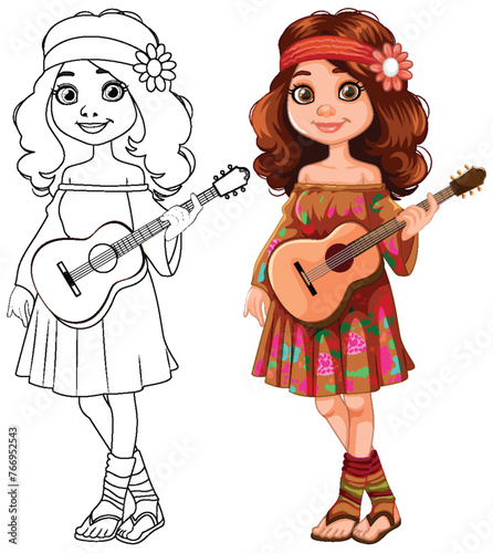 Colorful and line art of a girl holding a guitar.