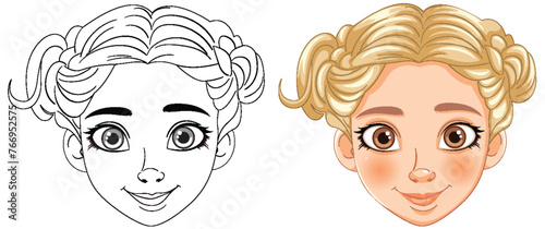 Line art and colored version of a girl's face