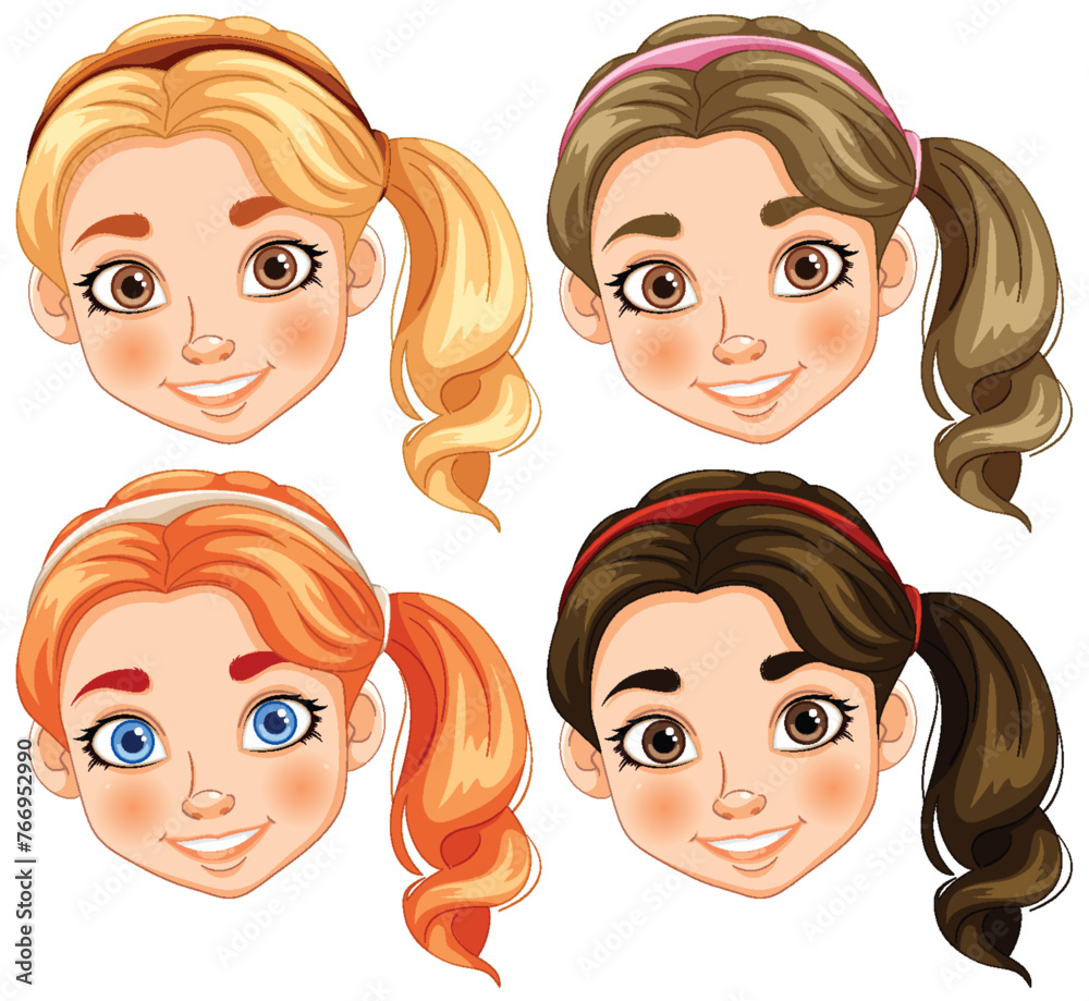 Illustration of four different female cartoon faces. Illustration of four different female cartoon faces.