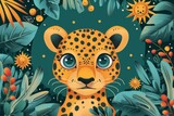 A painted leopard is depicted surrounded by vibrant tropical plants in this artwork