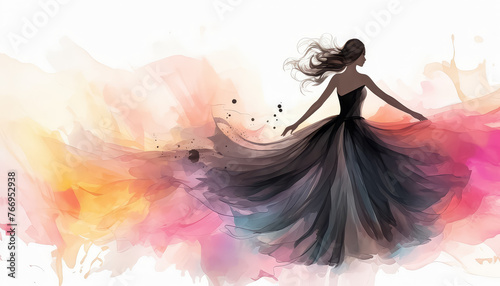 A woman in a black dress is dancing in a rainbow
