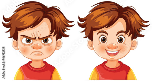 Illustration of a boy showing anger and happiness.