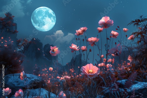 A night scene featuring blooming flowers under the glow of a full moon