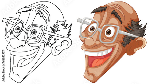 Two caricatured faces showing joyful expressions.