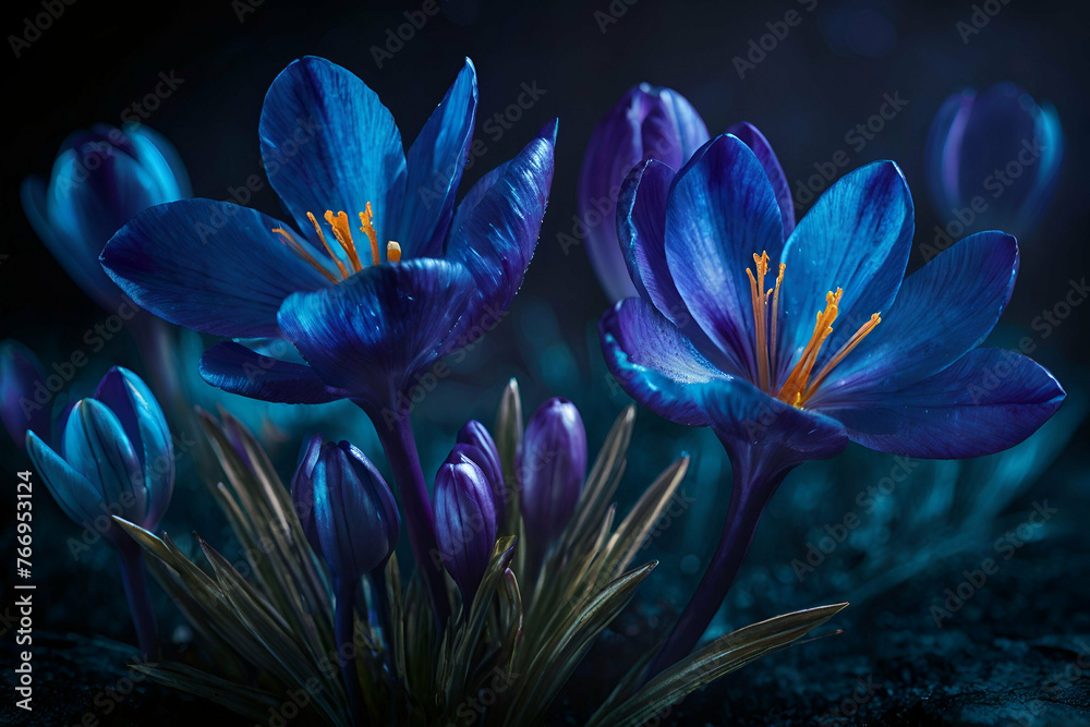 Luminescent teal blue and purple crocus on dark background