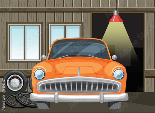 Classic orange car parked inside a wooden garage