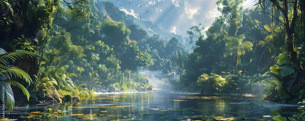 Lush Rainforest Landscape with Meandering River and Misty Atmosphere Showcasing the Beauty and Biodiversity of the Tropical Ecosystem