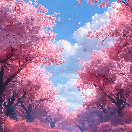 Pink Blossoms Floating in a Dreamlike Floral Wonderland Under the Soft Blue Sky