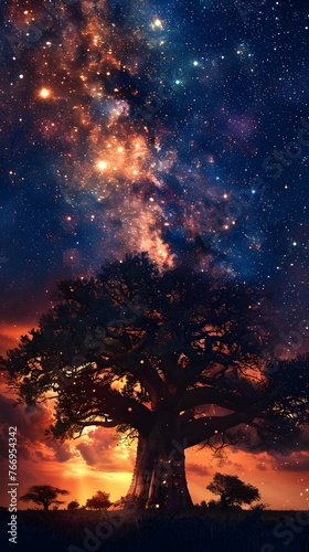 Majestic Baobab Tree Silhouetted Against a Breathtaking Starry African Sky Savannah s Enchanting Embrace