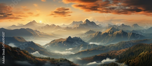 View of Mountain peaks in orange clouds at sunrise in summer