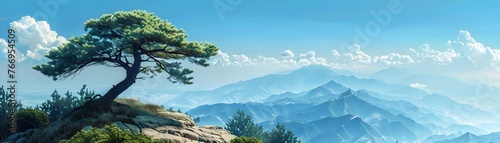 Majestic Cedar of Lebanon Towering Among Mountainous Landscape with Dramatic Skies photo
