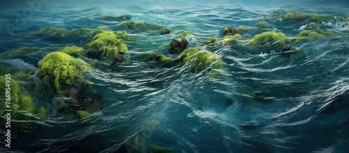 Waves of seaweed lazily appeared in the blue ocean water currents photo