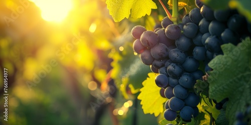 Sunset glow on vineyard grapes. Sunset light filters through grape leaves, casting a warm glow on a bunch of ripe grapes in a vineyard