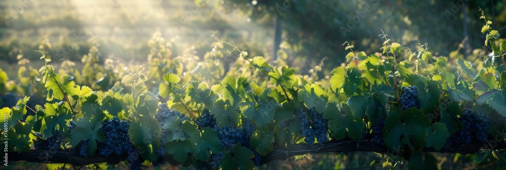 Sunrise over vineyard with ripe grapes. The sunrise casts a warm glow over a vineyard, illuminating ripe grape clusters among vibrant green leaves - obrazy, fototapety, plakaty 