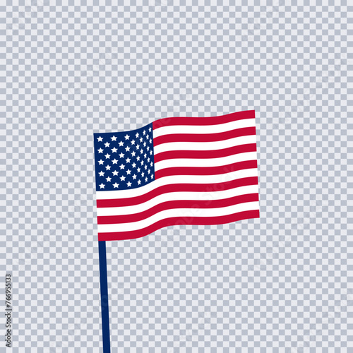 America national flag with pole. The waving flag on transparent background. Vector.