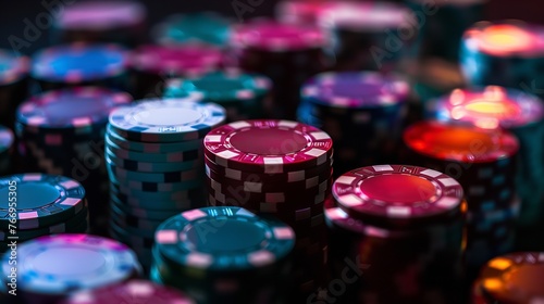 Stacks are meant of poker chips secured in a visually intriguing tableau and space, Generative AI.