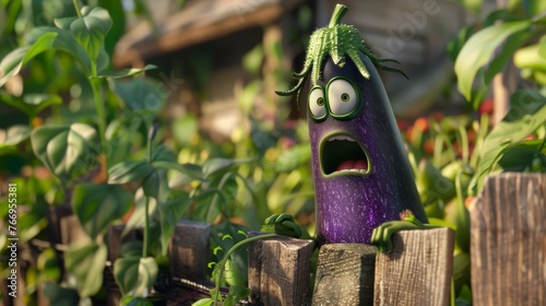 A startled animated eggplant character with wide eyes peers over a wooden fence in a lush vegetable garden.
