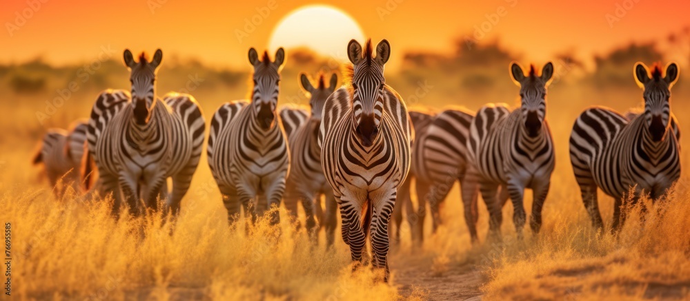 Zebra herd on safari in the grassland at sunset - obrazy, fototapety, plakaty 