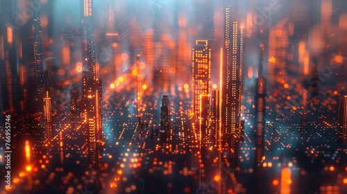 Glowing data points and bar graphs create a futuristic cityscape