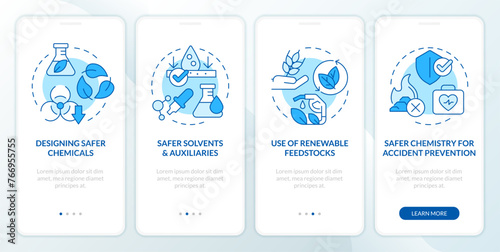 Safe chemistry blue onboarding mobile app screen. Minimal toxicity. Walkthrough 4 steps editable graphic instructions with linear concepts. UI, UX, GUI template. Myriad Pro-Bold, Regular fonts used
