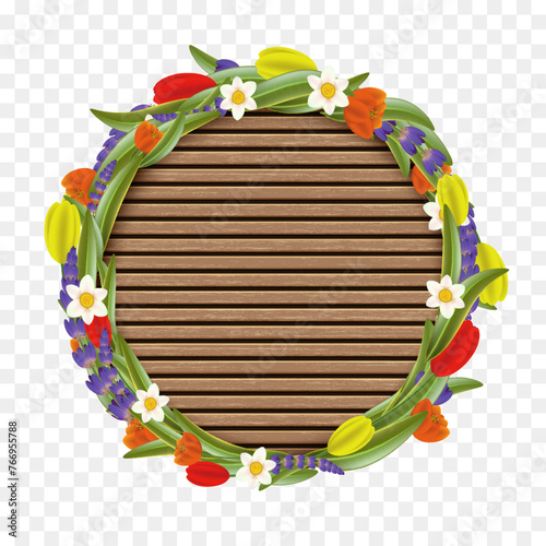 Banner made of wooden slats with wreath of spring flowers. Frame isolated on transparent background. Stock vector mockup