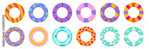 Inflatable ring. Swimming pool circle toys. Donut, rainbow, watermelon, beach life buoy. Summer floating swim rings top view vector set. Round object for rest or relax on sea water