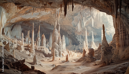 A cave with many stalactites and stalagmites
