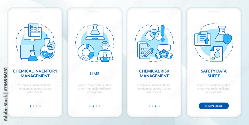 Science risk management blue onboarding mobile app screen. Walkthrough 4 steps editable graphic instructions with linear concepts. UI, UX, GUI template. Myriad Pro-Bold, Regular fonts used