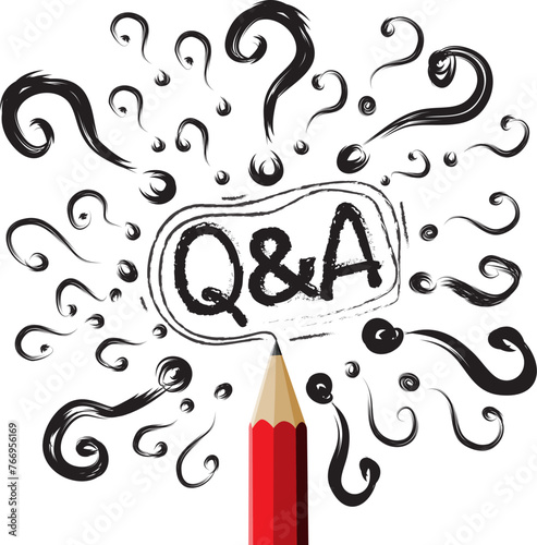 Red pencil drawing Q&A with question mark symbol