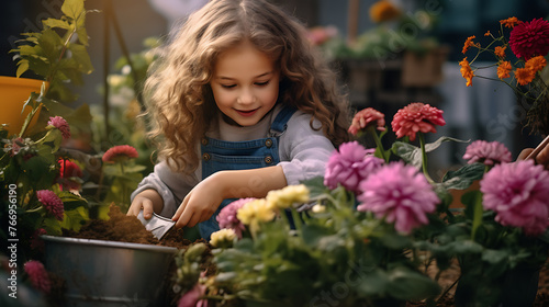 Enthusiastic little girl planting flowers in a backyard garden