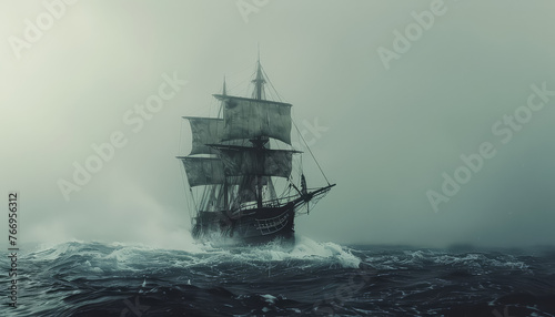 A large ship sails through a stormy sea